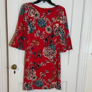 Jessica Howard fully lined bell-sleeved stretchy dress, size 10P, red floral